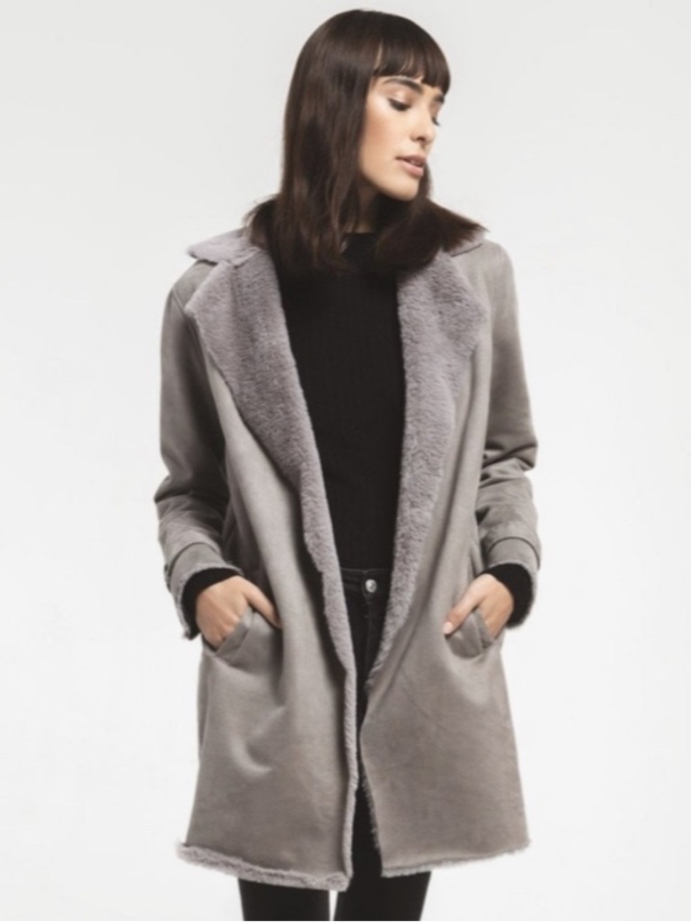 Rag Poets Sterling Faux Suede & Fur Coat Sz small, lightweight, open front, gray